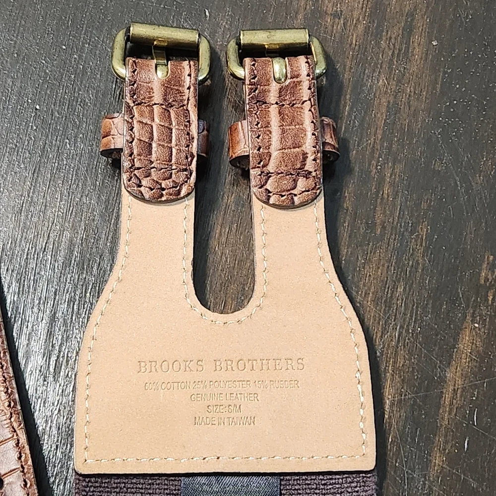 Brooks Brothers Brown Leather Elastic Croc Embossed Double Buckle Belt S/M